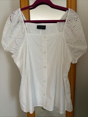 Lane Bryant White Eyelet Square-Neck Button Blouse with Puff Sleeves